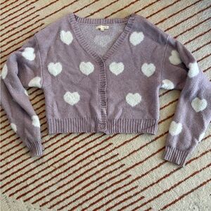 Purple and White Heart Patterned Cropped Cardigan